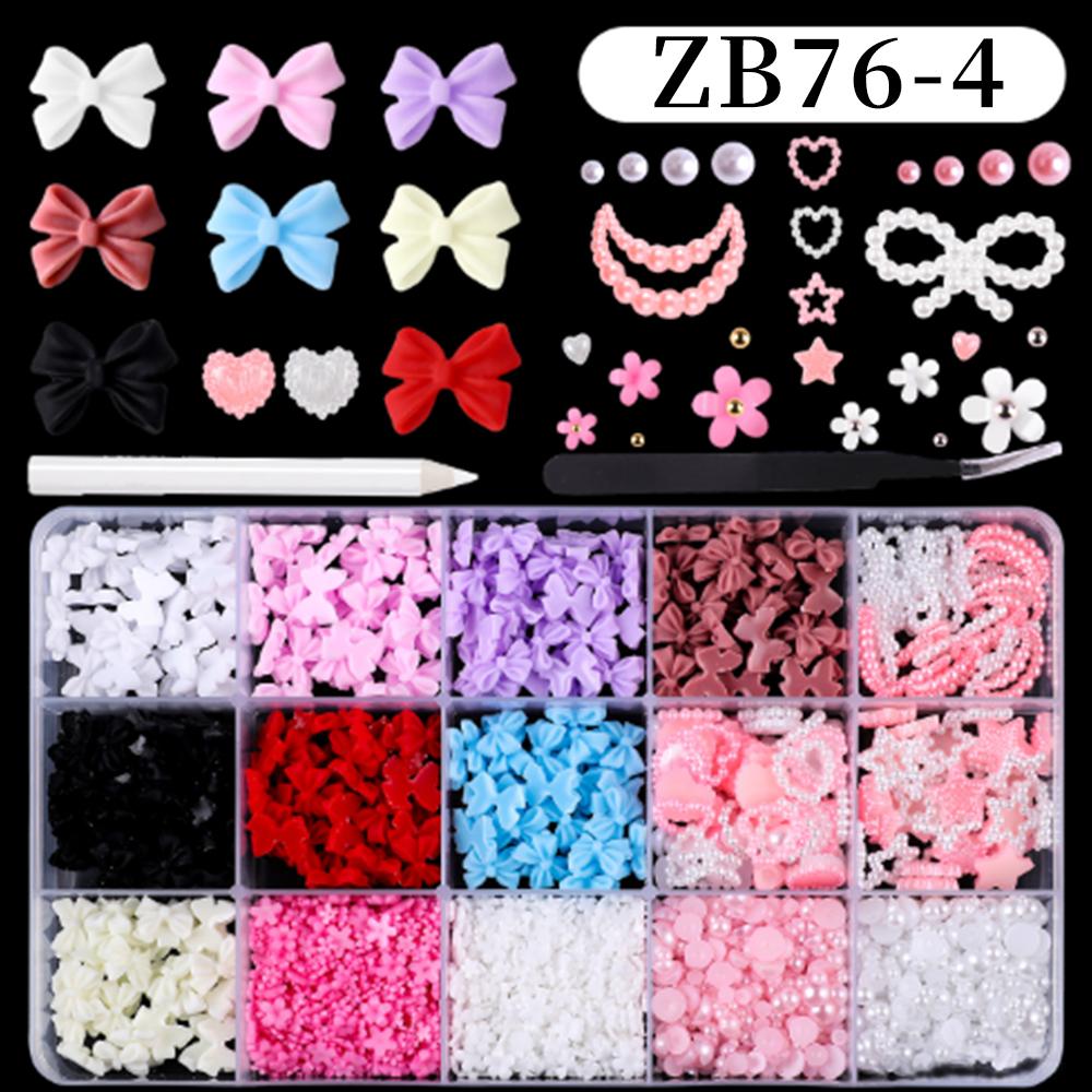 Kawaii Colorful Mixed Resin Rhinestone Nail Art Charms Bowknot Pearls Kit DIY Manicure Decorations Box With Wax Pen Tweezers