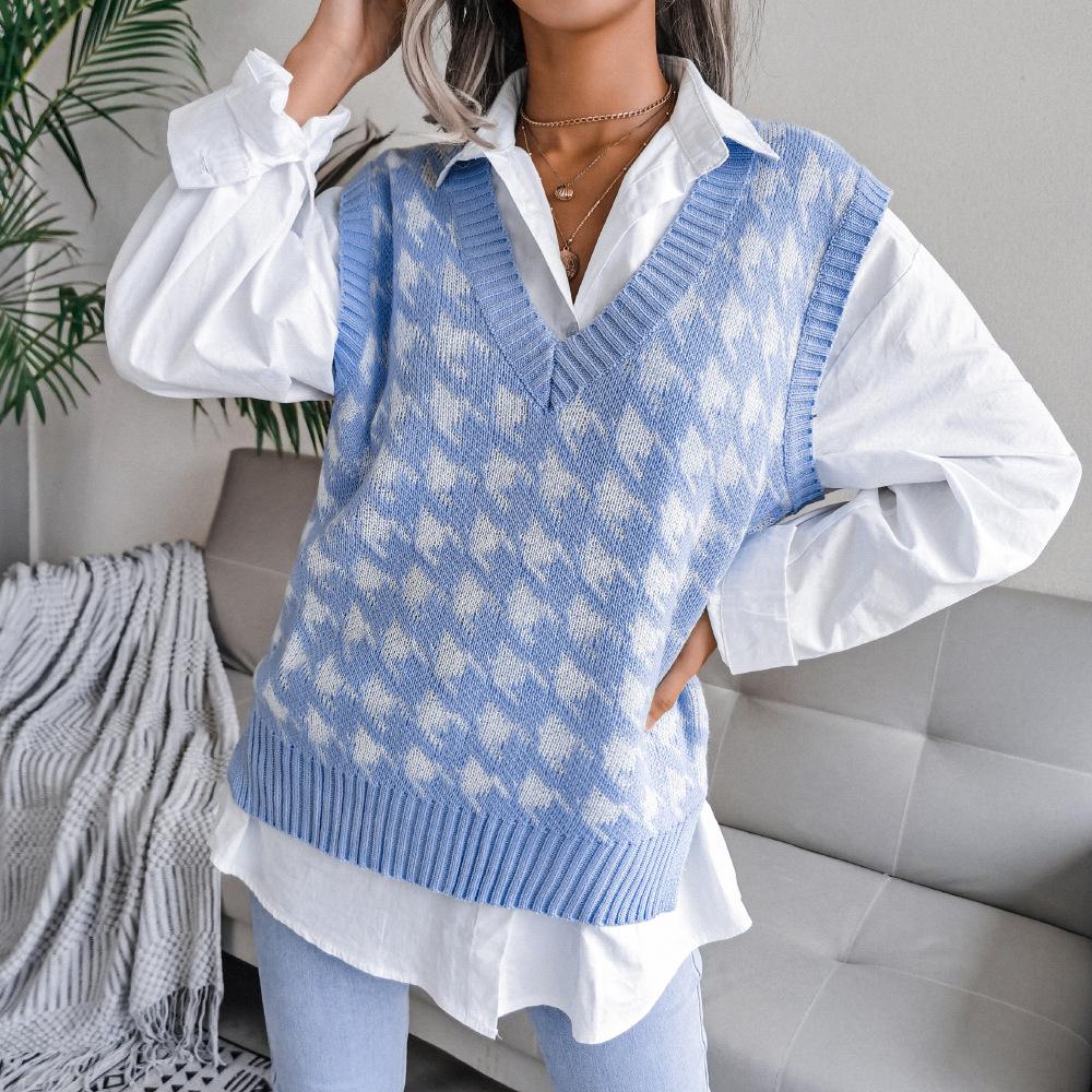 Women's Autumn and Winter V-neck Chibi Check Casual Loose Knitted Sweater Vest