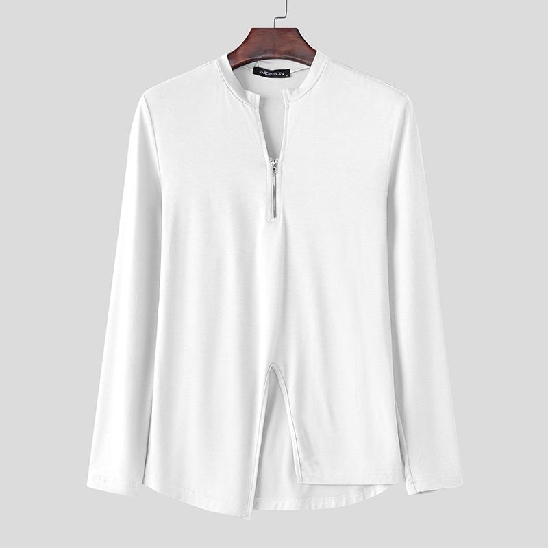 INCERUN Мужские футболки с длинным рукавом и застежкой-молнией, асимметричные, с разрезами, топы
