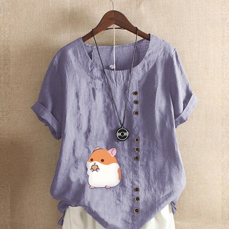 Женская модная футболка с круглым вырезом и коротким рукавом, повседневная рубашка из хлопка и льна с рисунком, свободная летняя блузка с принтом Hamster Life, топы