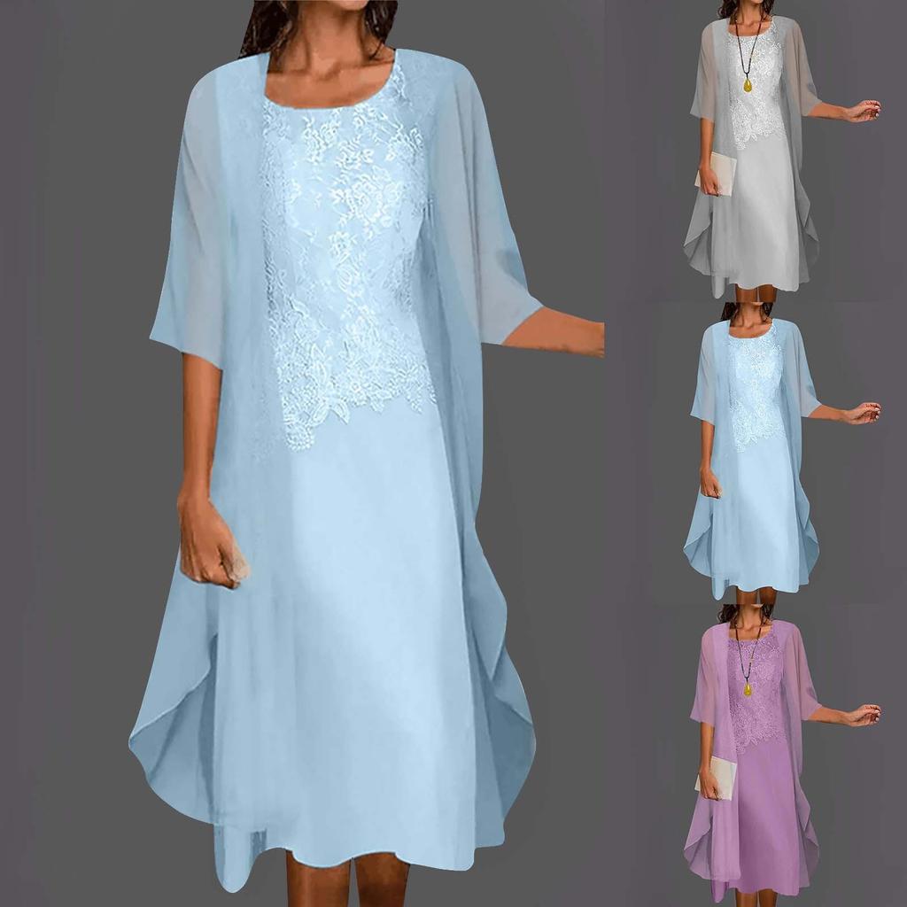 Women's Fashion Elegant Solid Color Lace Patchwork Chiffon Sleeveless Round Neck Dress Two Piece Dress