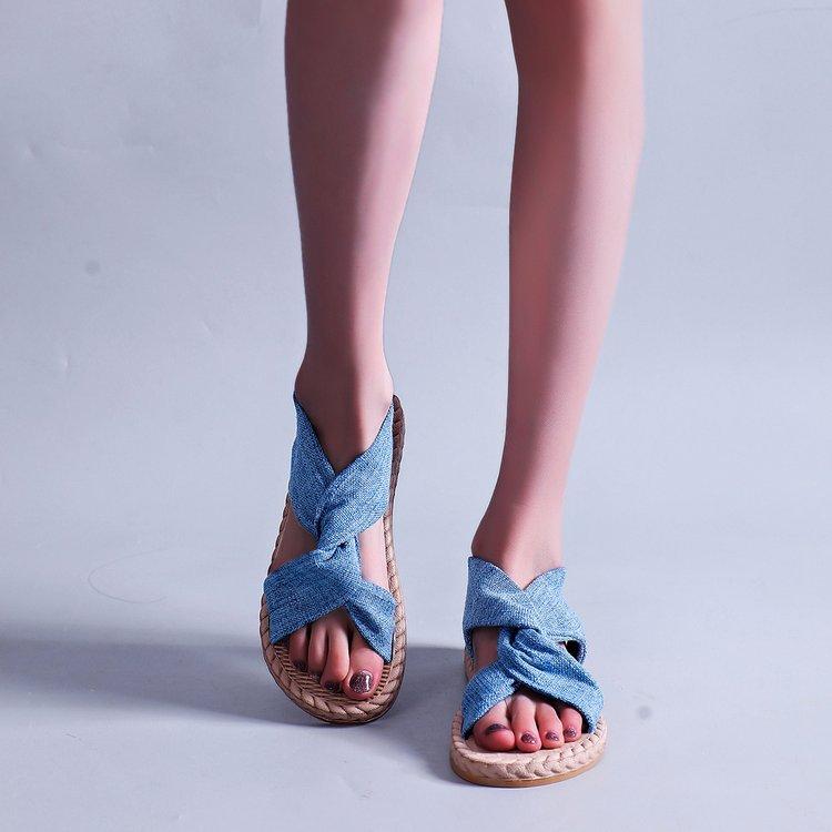 Foreign Trade Large Size Flat-soled Sandals Women's 2024 Summer New Round Head Cross Roman Shoes Elastic Band Roman Sandals Outer Wear