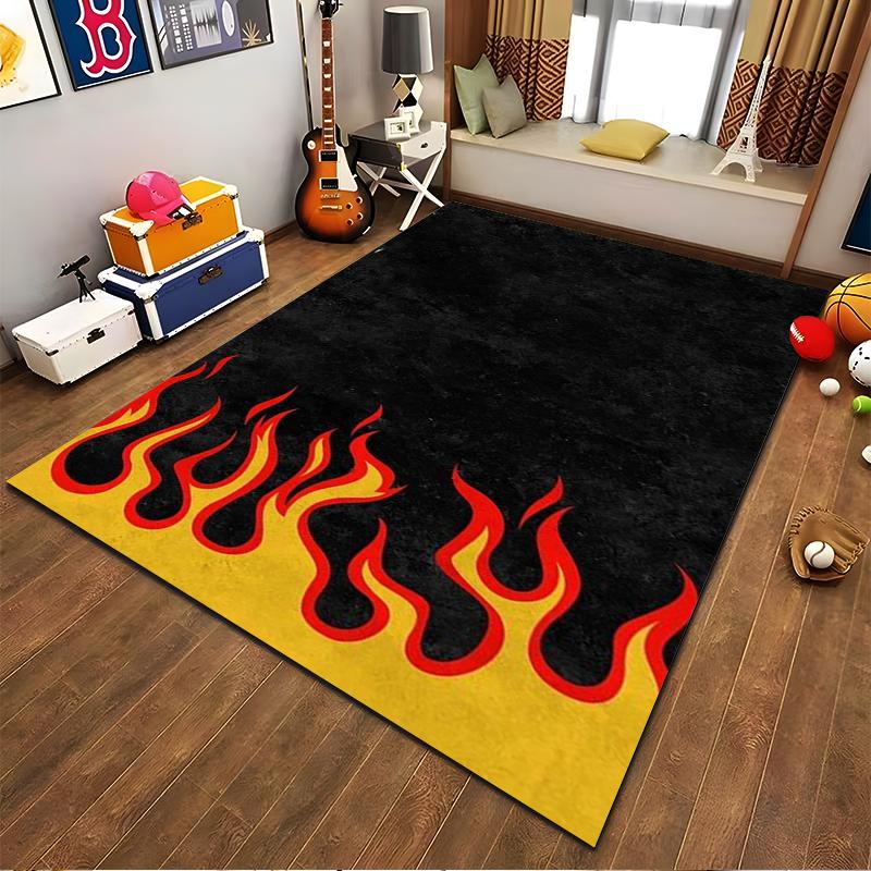 Black Carpet with Red Flames and Yellow Border Design for Home Decor Suitable for use as an anti-slip for living room bedroom sofas