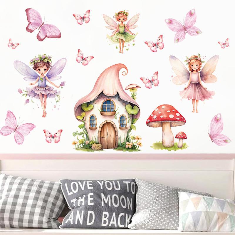 Cute Mushroom Fairy Wall Sticker for Kids Room Girls Bedroom, Watercolor Butterfly Floral Wall Decal, Fairy Tale Nature Wall Art Decor for Nursery
