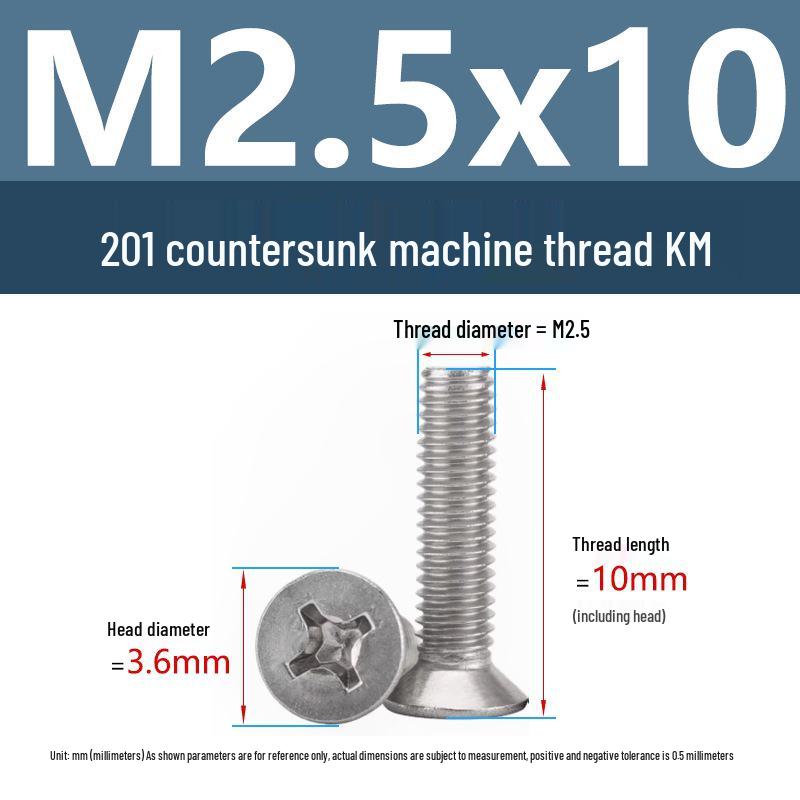 Stainless Steel Phillips Countersunk Machine Screws M2-M5, Flat Tail, Full Thread