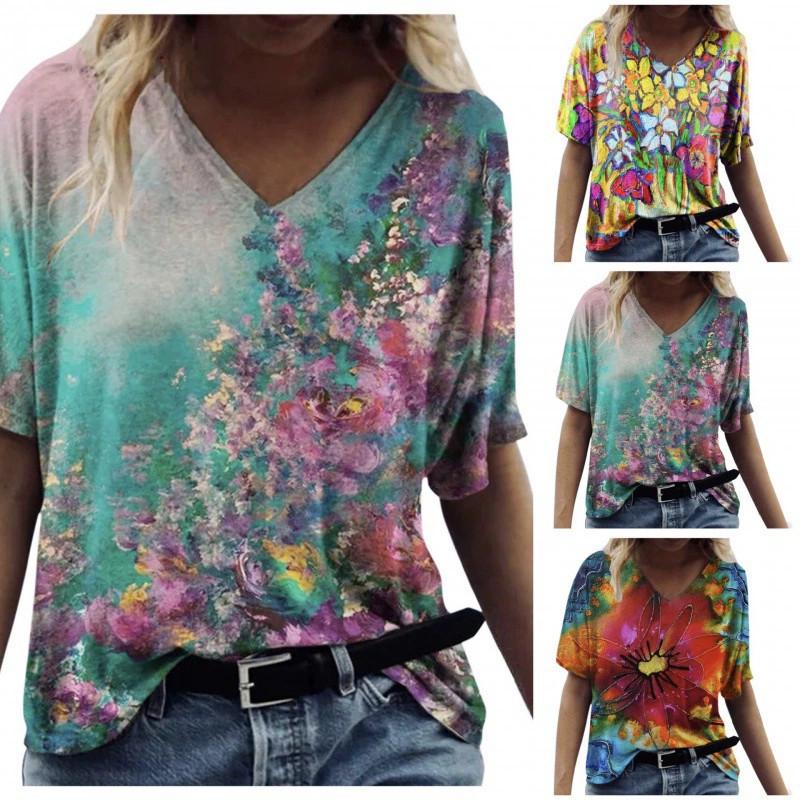 Summer Casual T Shirt With Floral Print And V Neck For Women