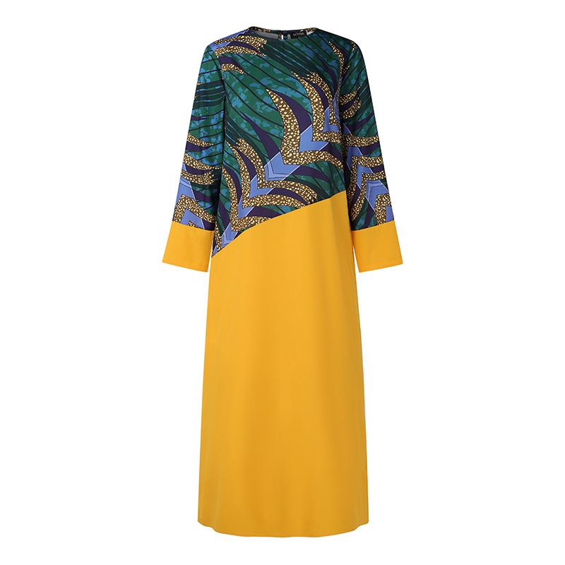 Женские платья больших размеров с круглым вырезом и длинными рукавами с принтом