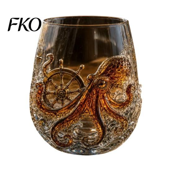Vintage Pirate Themed Barware Octopus Whiskey Glass, Sea Creature Tentacle Engraved Tumbler, Embossed Nautical Collectible Rum Tequila Cup Rocks Glass