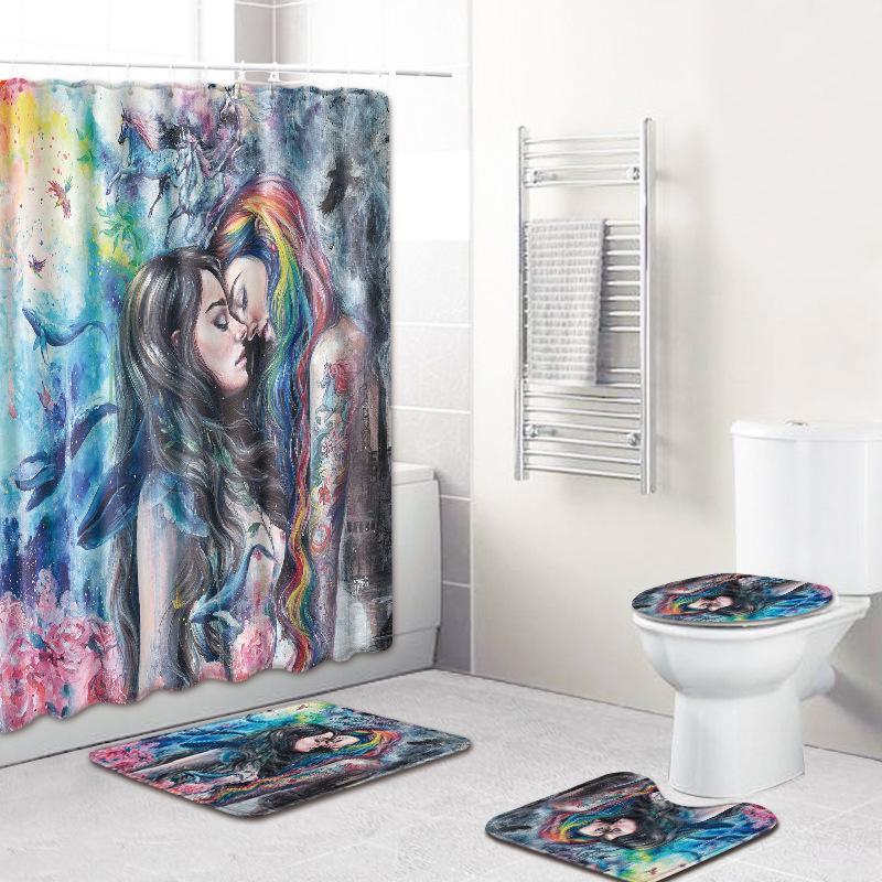 Printed Woman'S Head Pattern Bathroom Floor Mat Shower Curtain Carpet Combination E-Commerce