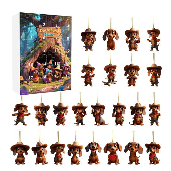 Календарь ожидания Рождества с собакой таксой 2025 24 дня Календарь обратного отсчета до Рождества с 2D акриловыми подвесными украшениями в виде таксы для декора елки