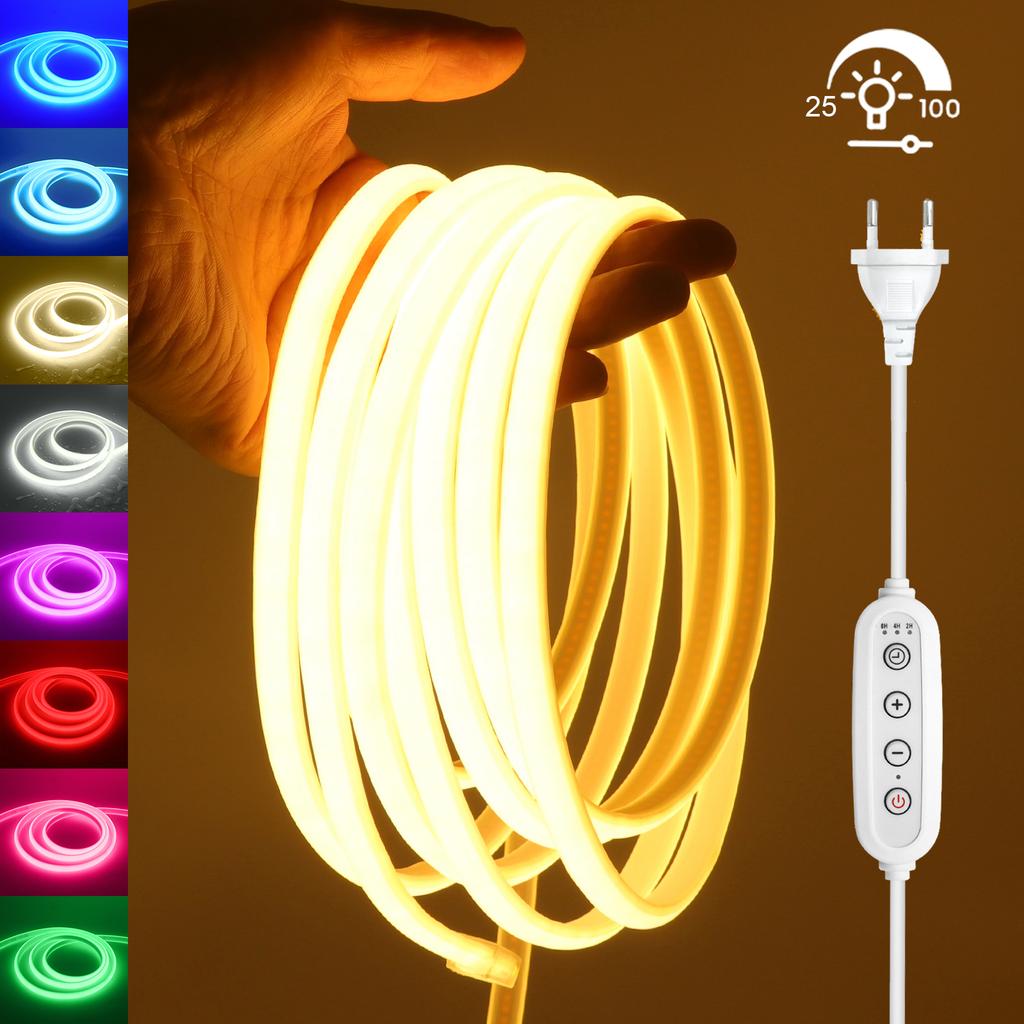 AC 220V Timing Dimmable COB Neon Strip Waterproof 10 Colors Flexible LED Light for Indoor Outdoor Festival Party Home Decoration