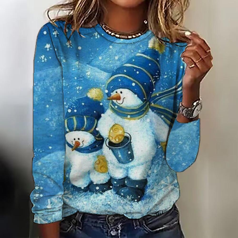 Spring and Autumn Long Sleeved Women's Top Christmas Printed Round Neck T-shirt Casual Cute Style