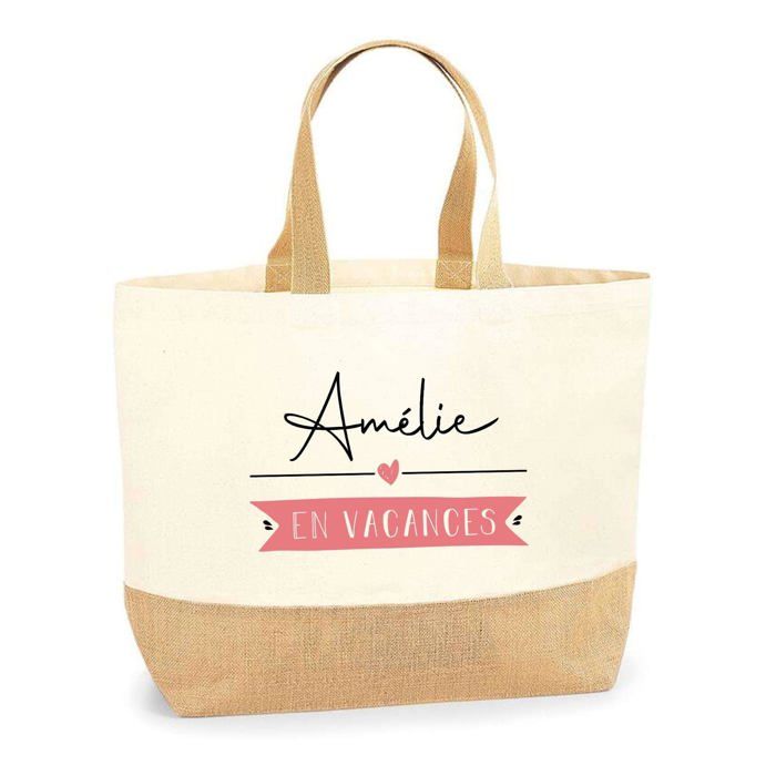 Sac cabas - PLANETEE - Amélie en Vacances - Jute - Imprimé en France - Beige - Grande contenance