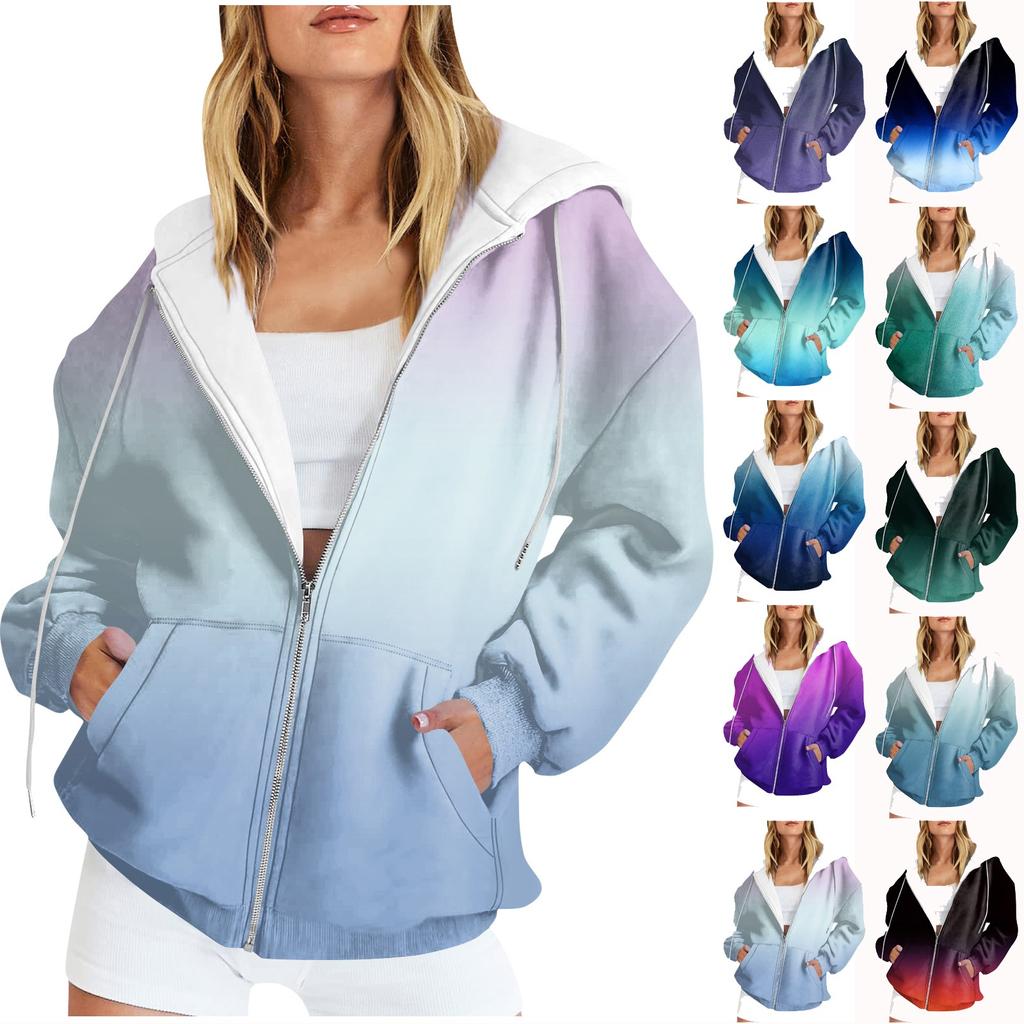 Женские повседневные модные пуловеры с градиентным принтом и длинными рукавами, толстовки на молнии, пальто