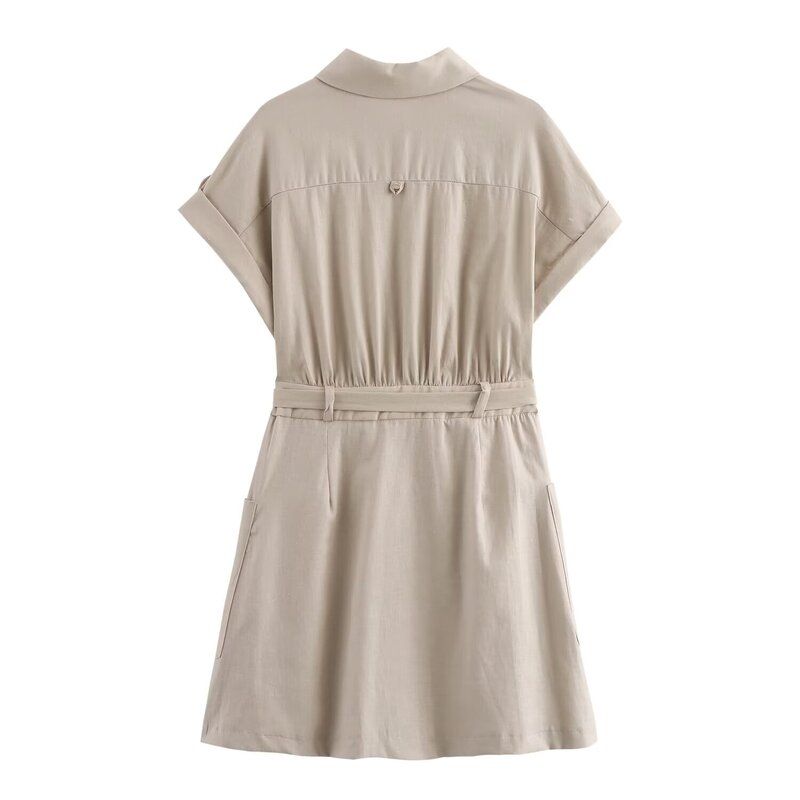 2024 New Arrival Fashion Silm Lapel Curling Short Sleeve Linen Blended Mini Shirt Dress 0387059