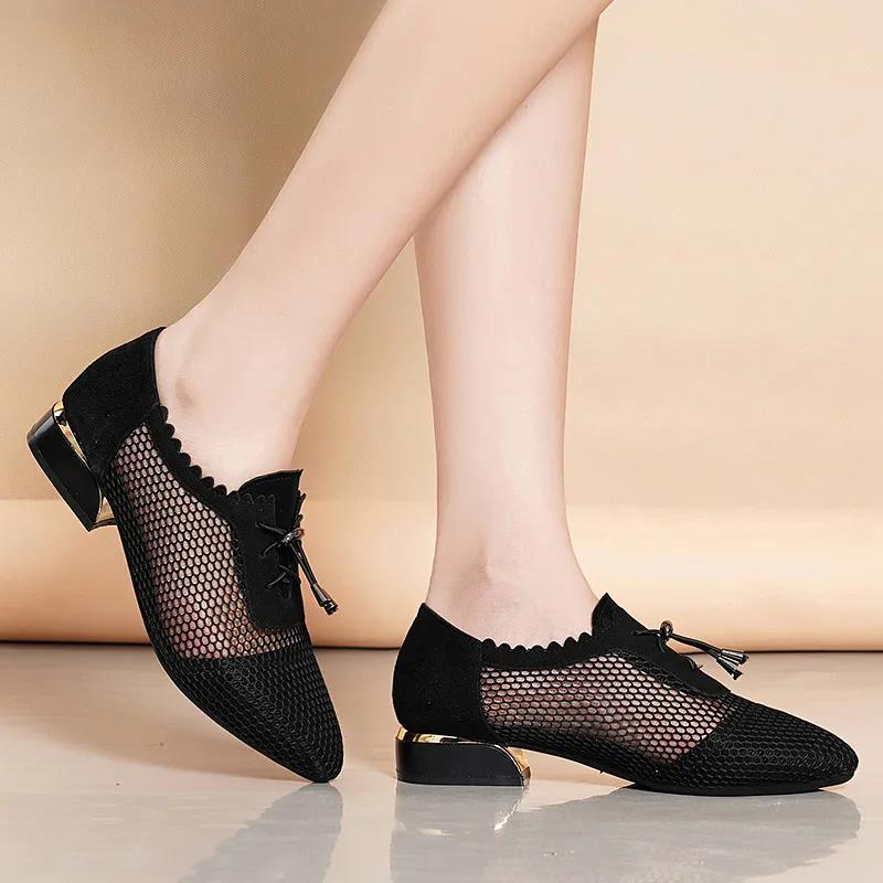 Women's Black Leather Sandals Summer Mesh Hollow Lace-up Low-heeled Thick-heeled Pointed Mother Single Shoes Sandals Women