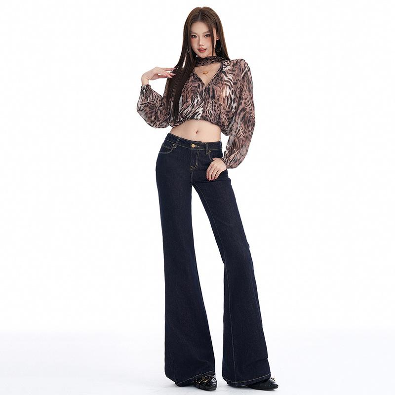 Pocket design denim blue micro-pull jeans autumn new retro low-rise slim-fitting flared pants