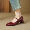 Худенькая маленькая квадратная головка! Кожаные туфли-лодочки с открытым верхом, женские туфли на толстом каблуке в стиле ретро Мэри Джейн, бордовые туфли на среднем каблуке из кожи