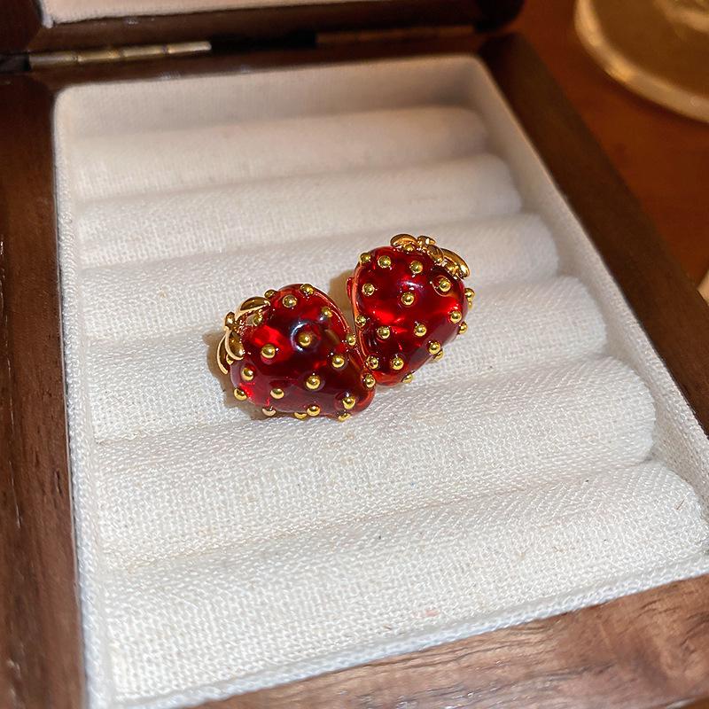 Ankara Red Stud Earrings: Silver Needle Drip Oil, Simple and Versatile Fashion for Women.