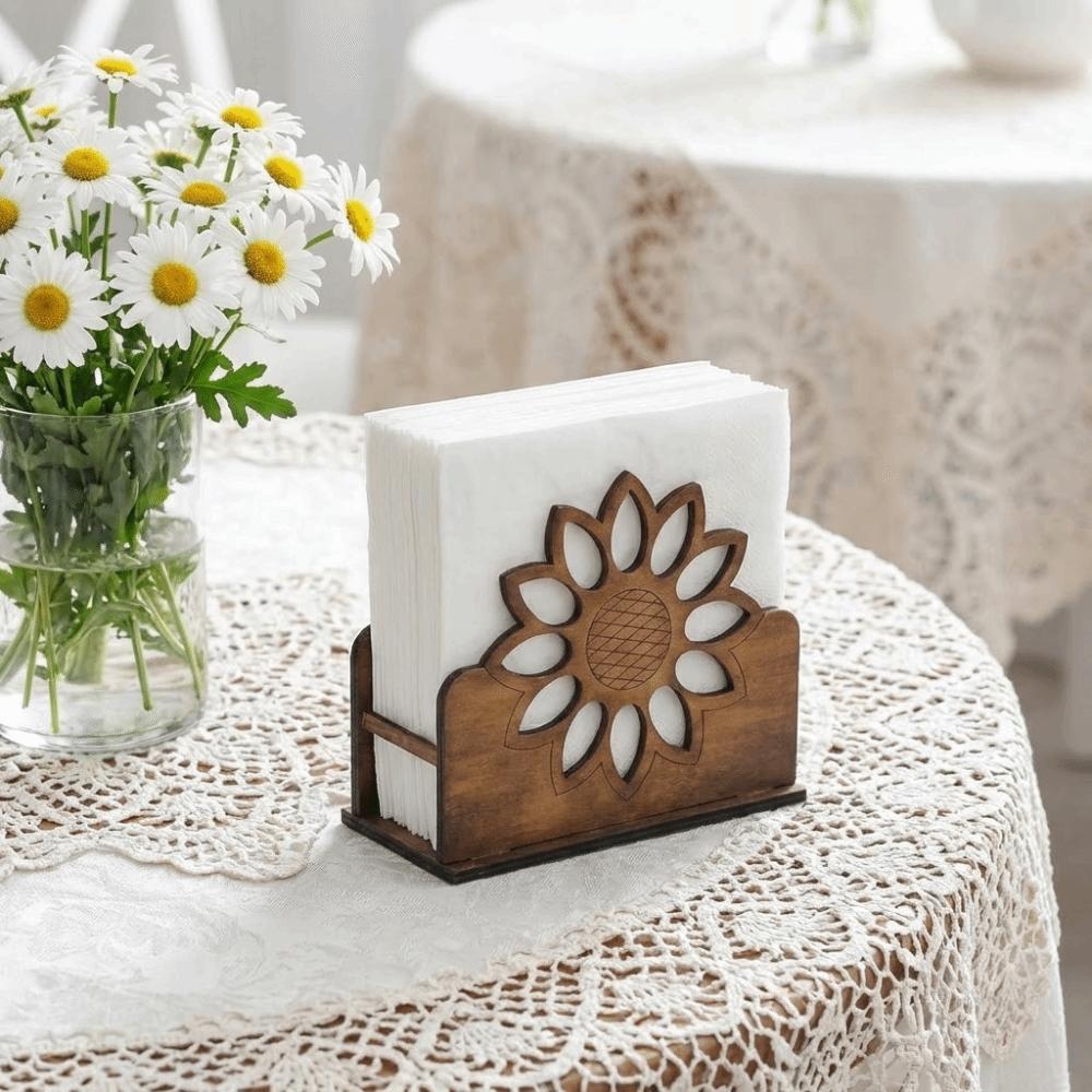 Sunflower Design Wooden Napkin Holder Retro Style Cocktail Table Tissue Dispenser Desktop Use