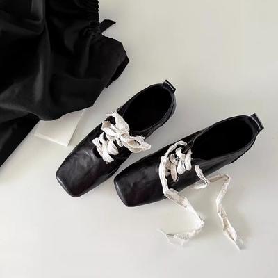 Тяжелая промышленность ручной работы ретро литературные квадратный носок маленькие кожаные туфли балетный стиль толстый каблук шнуровка спереди одинарные туфли женские весенние