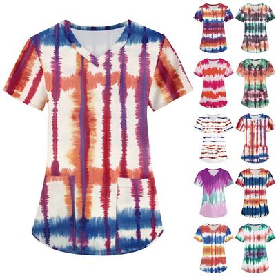 Женская мода с v-образным вырезом, короткими рукавами и карманами, топы с принтом