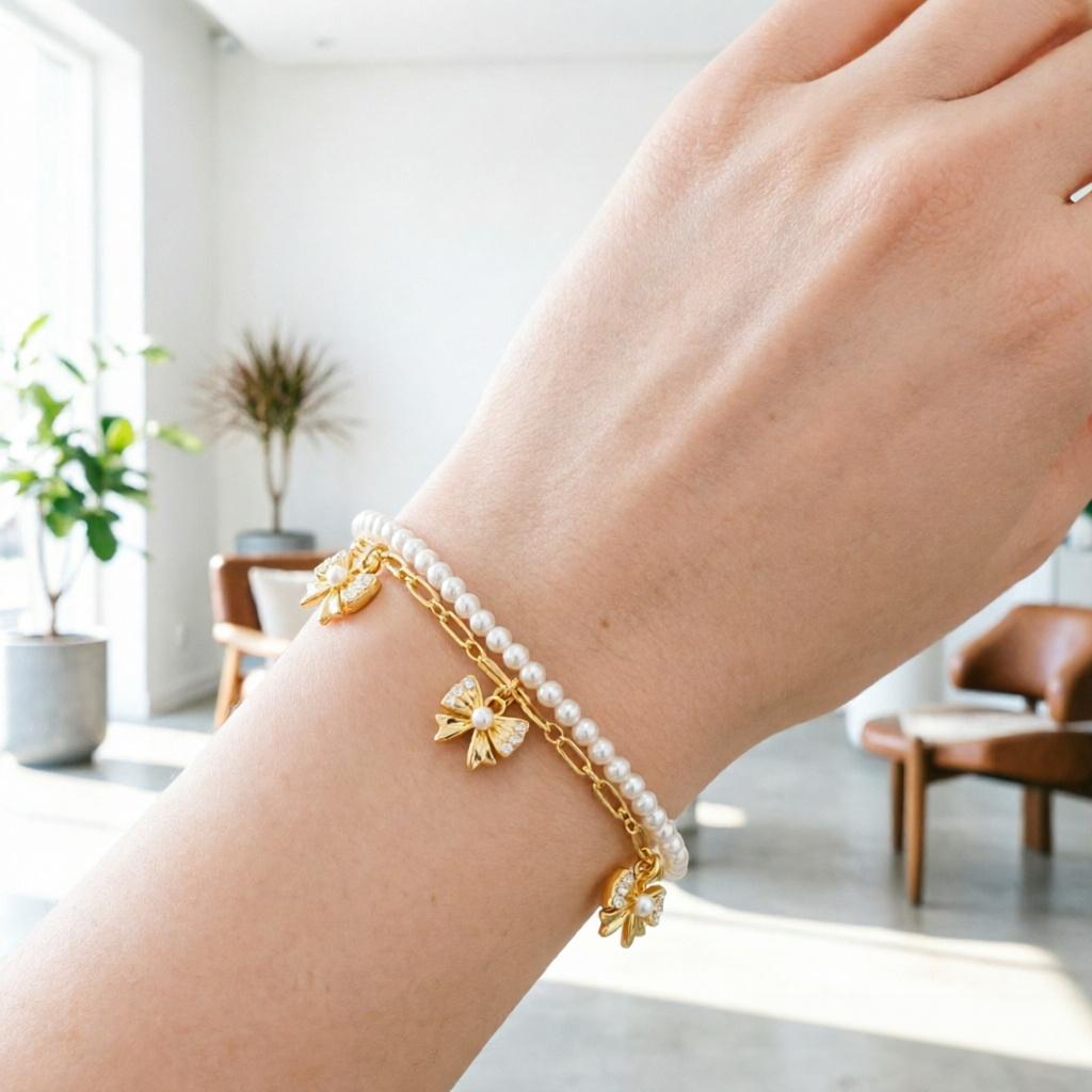 Fashionable Vintage Soft Versatile Double-layer Copper Chain Pearl Bow Bracelet French Chic Luxury Sophisticated for Women's