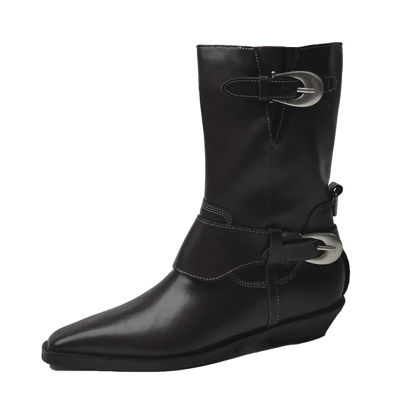 Fashion 2024 High Quality Shoes Female Mid-Calf Women's Boots Elegant Modern Boots Women Buckle Pointed Toe Slip On Low Heel Shoes Women