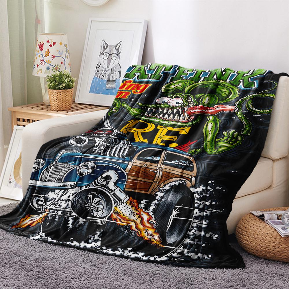 1Pc Rat Fink Print Flannel Blanket, High quality Comfortable for All Seasons, Home Decor, Warmth and Comfort, Perfect for Christmas Gifts