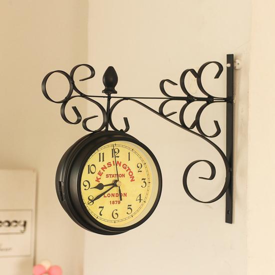 Retro Double Sided Iron Wall Bracket Clock Office Home Living Room Decoration