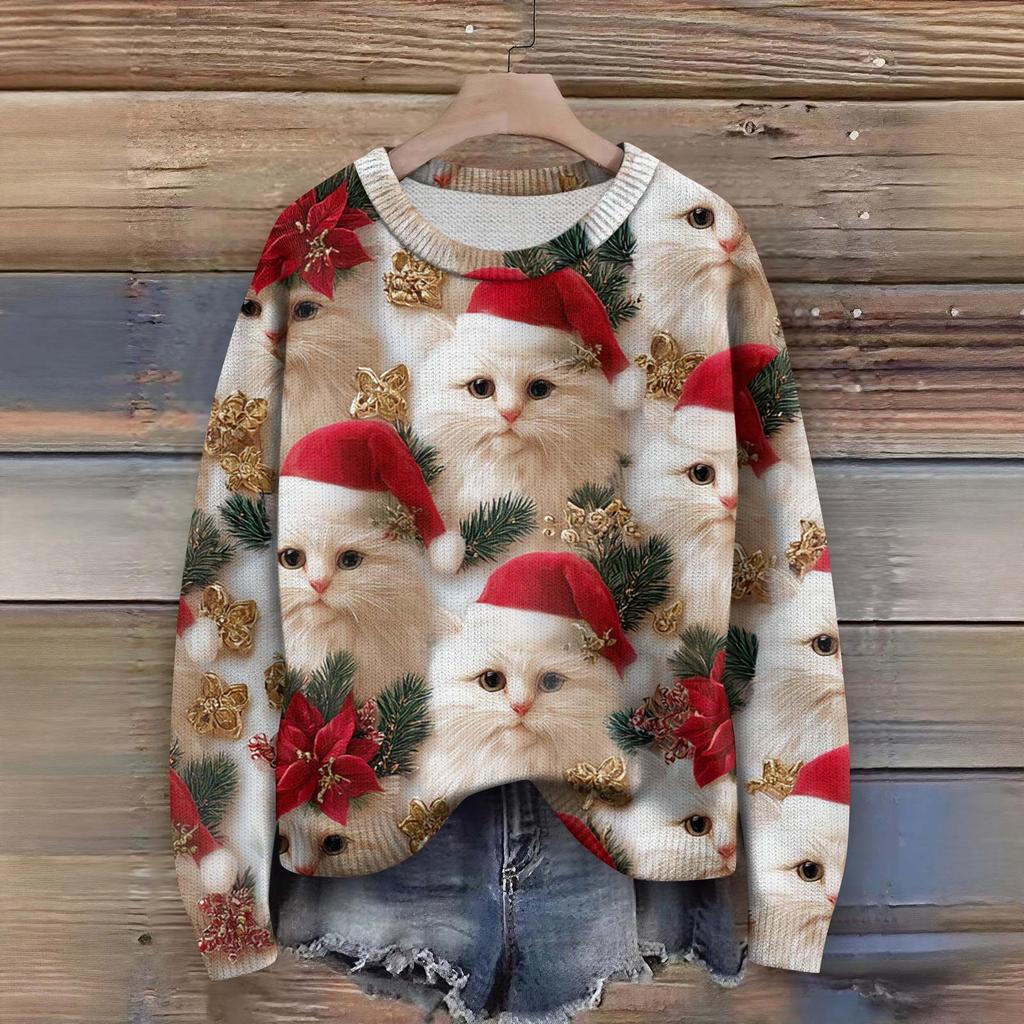 Long Sleeve Pullover Sweaters For Women O Neck Casual Cute Printing Knit Oversized Sweater