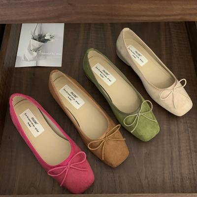 Замшевые туфли для бабушки, женские, весна-осень 2024 года, новые легкие туфли с квадратным носком и бантом, универсальные, на низком каблуке