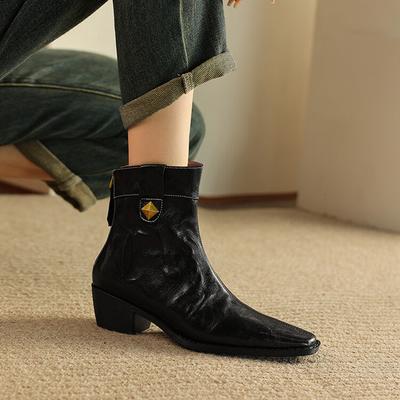 Мода НОВЫЕ Осенние Женские Ботинки Натуральная Кожа Обувь для Женщин Квадратный Носок Массивный Каблук Обувь Заклепка Молния Ботильоны Лаконичные Ботинки в Западном Стиле