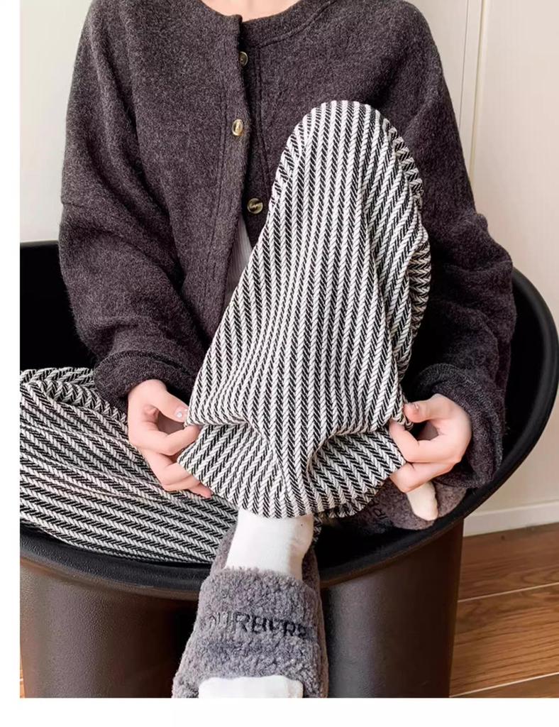 Women's Coffee Pinstripe Wool Pants: Petite 150, High-Waist, Wide/Narrow Leg, Autumn/Winter Drape