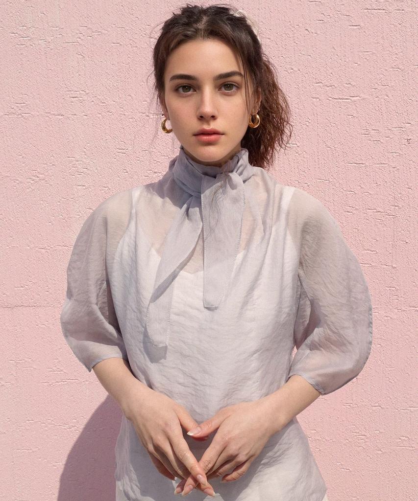 PREMIERE AMOUR Boal Tie Sheer Blouse - Gray