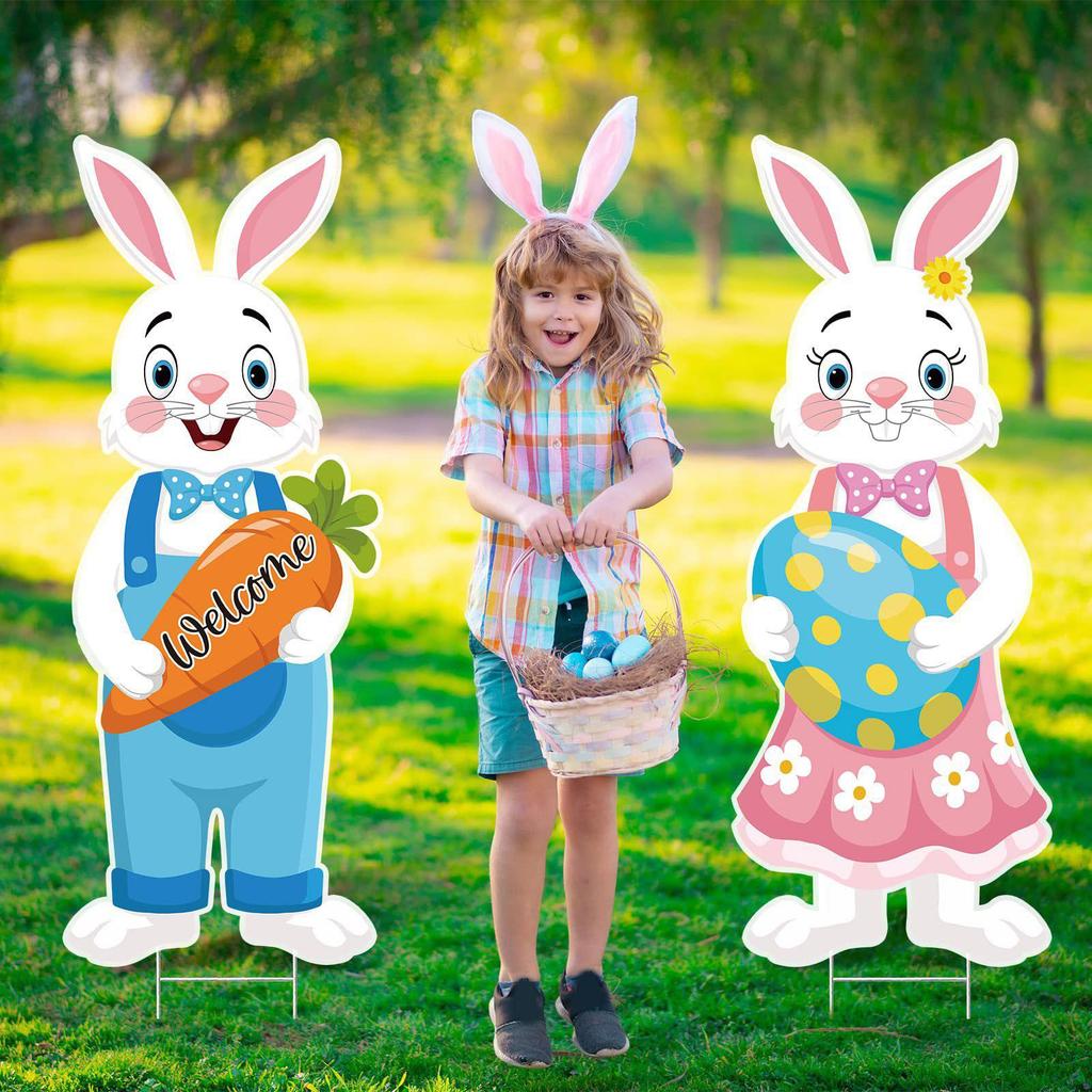 Пасхальные украшения для улицы, 32-дюймовый пасхальный кролик и табличка с изображением яичного двора с металлическими кольями, большой декор в виде счастливого кролика