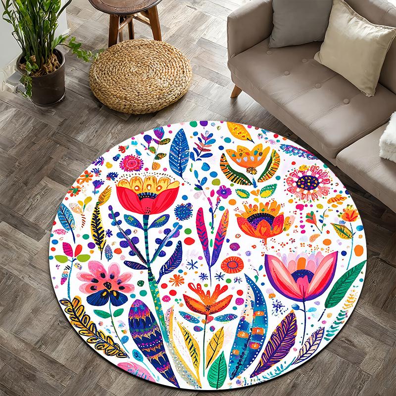 Floral and colorful artistic Flannel-printed round floor mats are slip-resistant Suitable for living room terrace garden carpets