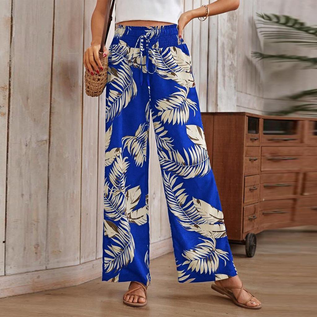 Women's Printed Wide Leg Pants With Pockets High Waist Drawstring Loose Casual Pants