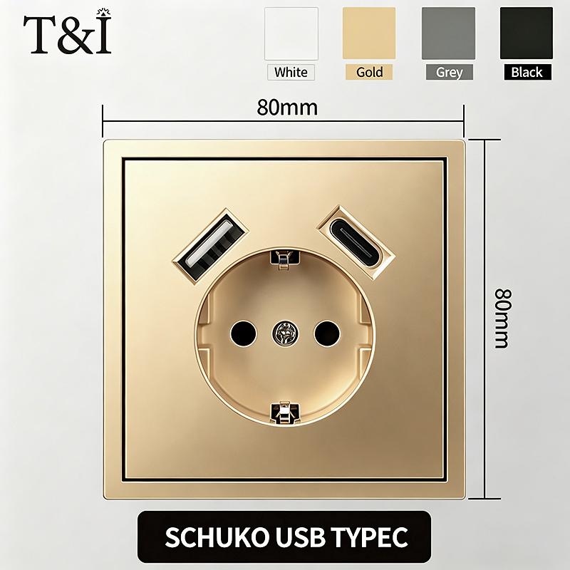 Flush Mount EU Electrical Socket 16A 250V with USB Type-C Charging 1/2 Gang Switch, 80x80mm Golden Panel for European Standard