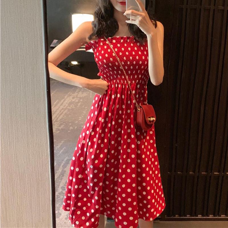 Fashion Women Loose None Sleeve Polka Dot Shoulder Plus Size Casual Dress