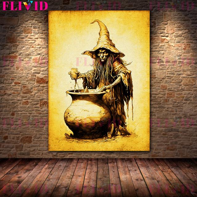 Сельские ведьмы и волшебники Ретро Настенная картина маслом Черная магия и волшебство Фэнтези Арт Плакат
