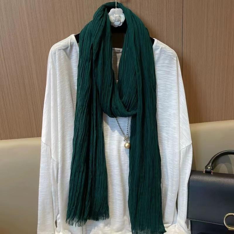 New Thin and Narrow Pleated Solid Color Autumn and Winter Versatile Neck Protection Scarf High-end Cotton and Linen Scarf with Shawl for Women