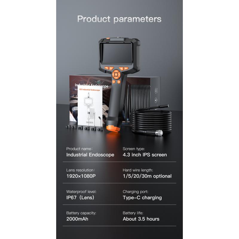 Промышленная эндоскопическая камера, 4,3-дюймовый IPS-экран, IP67, водонепроницаемый HD1080P, объектив 8 мм, камера для проверки канализации, бороскоп для автомобиля