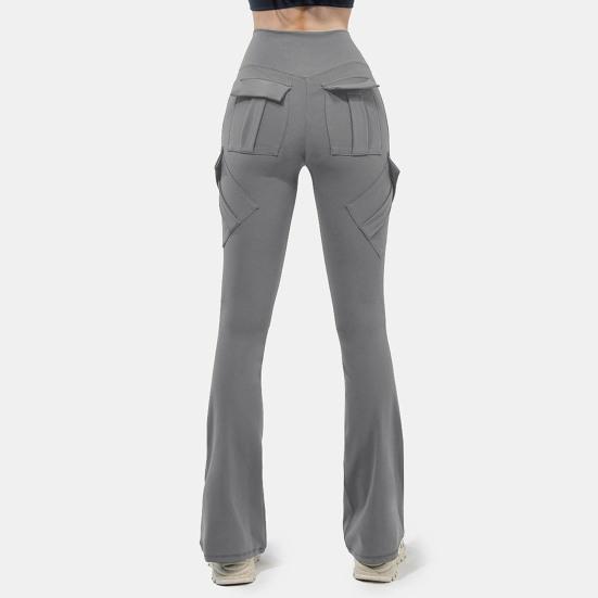 Women Flared Pants Elastic High Waist Wide Leg Casual Trousers with Flap Pockets Solid Color Cargo Pants Daily Wear