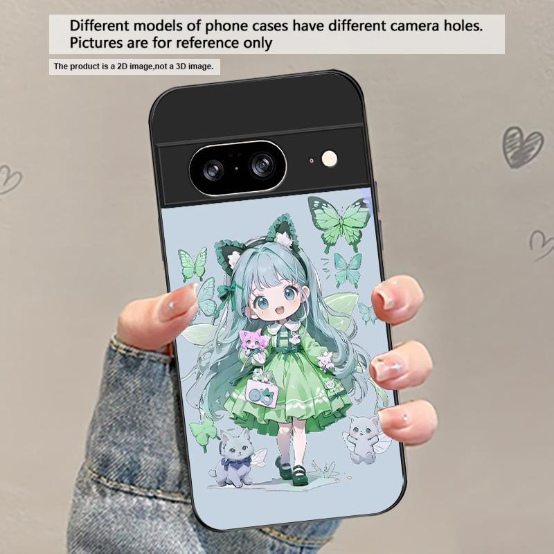 Q-версия Синяя Бабочка Для Google Pixel 8 7 9 10 Pixel 10 Pro XL Pixel 9 Pro XL Pixel 8a 7a Pixel 7 Pro Черный Стеклянный Чехол для Телефона