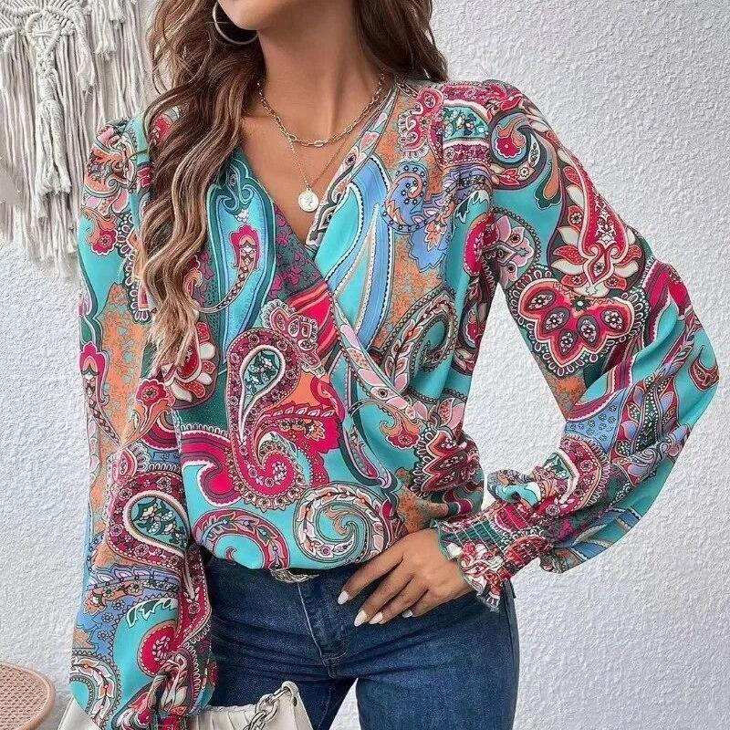 Плиссированная свободная рубашка с длинными рукавами и фонариком, женская элегантная женская простая блузка с перекрестным v-образным вырезом, однотонные повседневные топы, одежда 29658