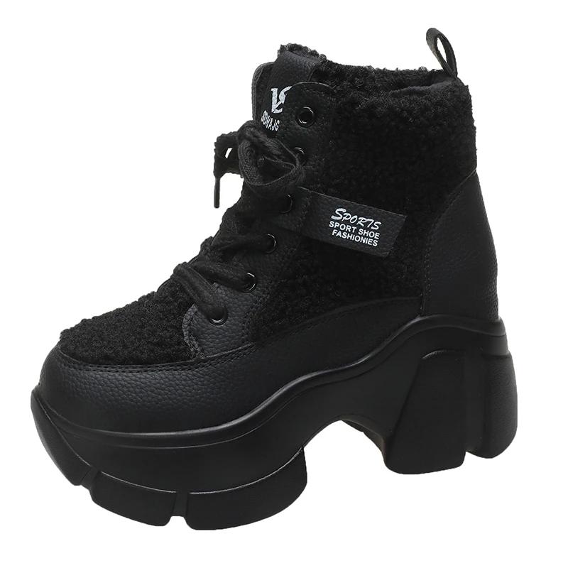 Ботинки на шнуровке с толстой подошвой и высоким каблуком из плюша и хлопка для женщин, зимние теплые, удобные, модные, увеличивающие рост, спортивная обувь