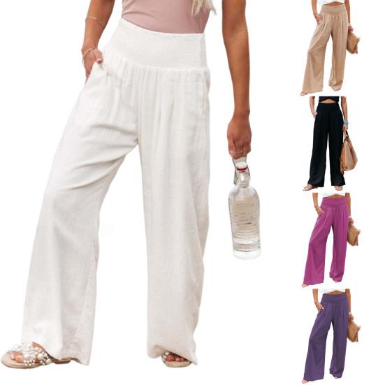 Женские летние широкие брюки из мягкой дышащей смеси хлопка, средней эластичной резинки на талии, карманы полной длины, повседневные, универсальные, идеально подходят для офиса, гостиной, йоги