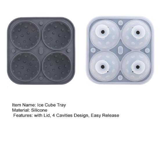 Silicone Ice Ball Tray with Lid 4 Cavities Easy Release BPA Free Summer Refrigerator Cocktail Whiskey Ice Sphere Maker Press Mold Kitchen Supplies