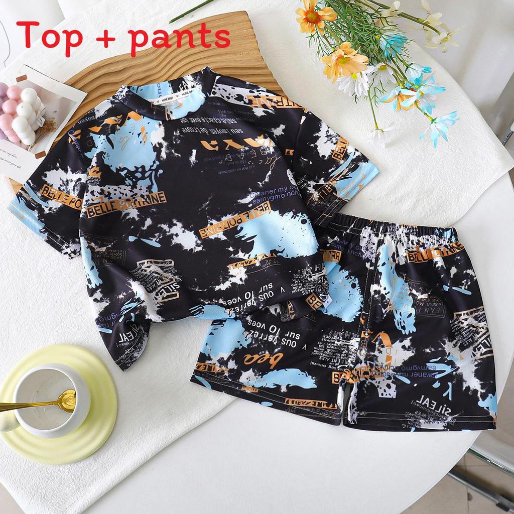 Cartoon Dinosaur Summer Boys Toddler Twopiece Set With Short Sleeve Top And Shorts